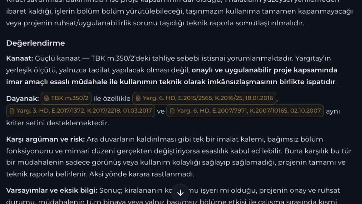 Değerlendirme bölümü: kanaat derecesi, dayanak atıfları, karşı argüman ve risk başlıkları