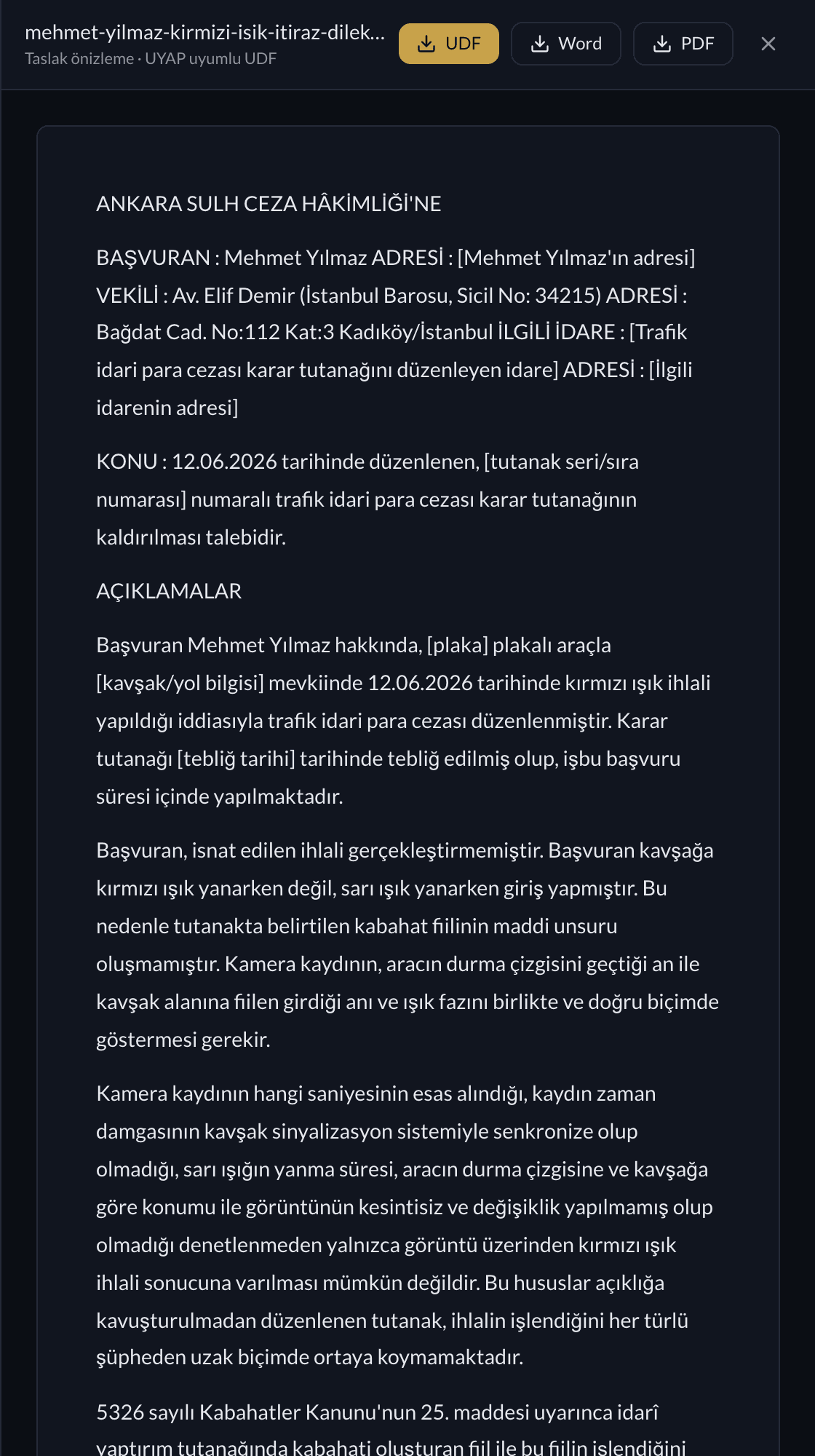 Dilekçe modunda üretilen itiraz dilekçesinin kâğıt önizlemesi — gerçek akış kaydı