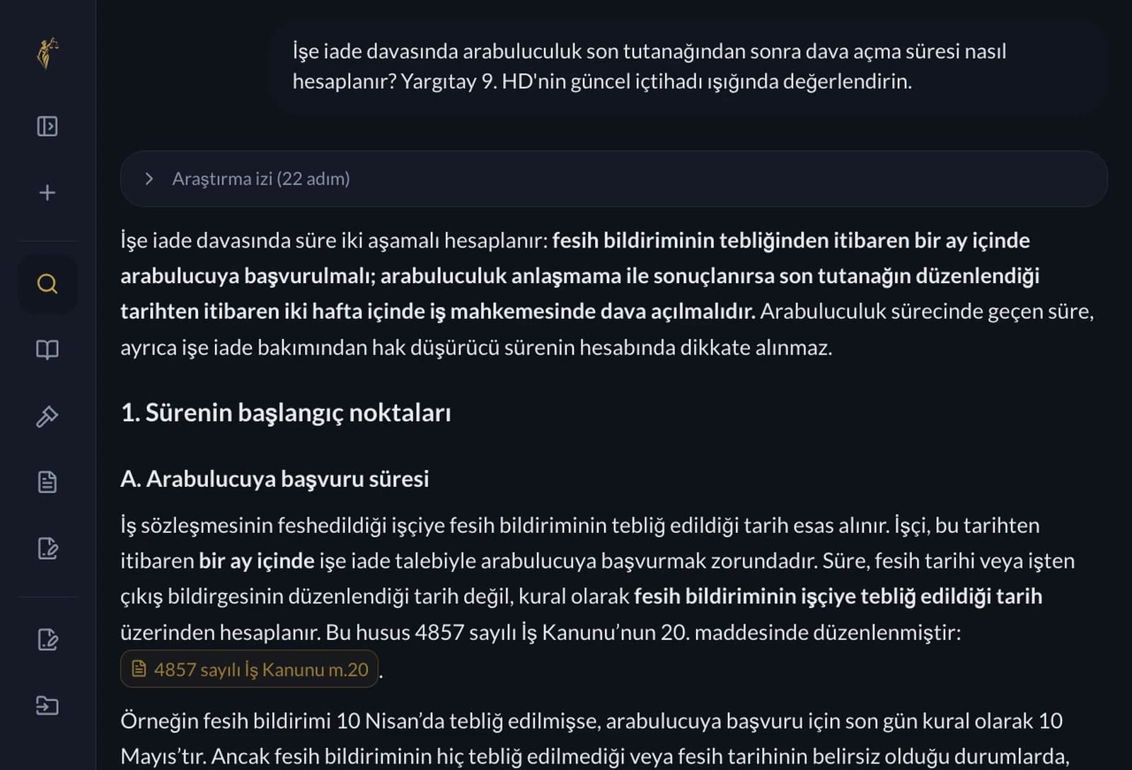 Themis.ai yanıtında kanuni çerçeve ve tıklanabilir Yargıtay atıfı — yakın çekim ürün akışı